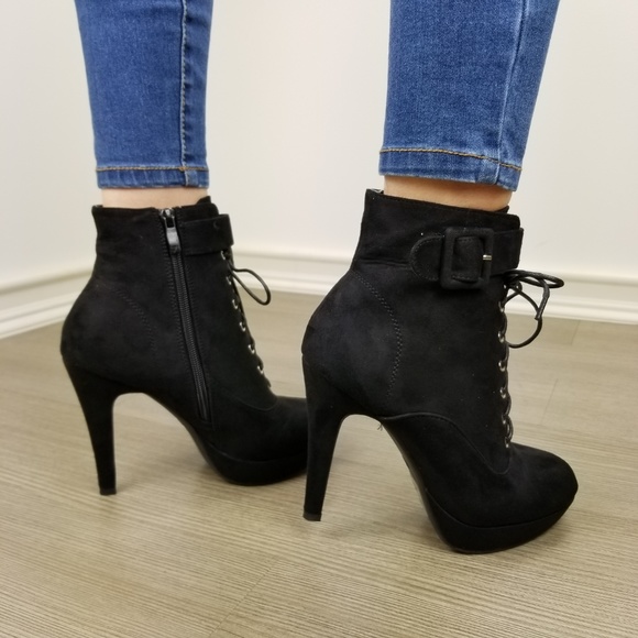Black Faux Suede Heel Lace-Up Ankle Booties - Picture 7 of 8